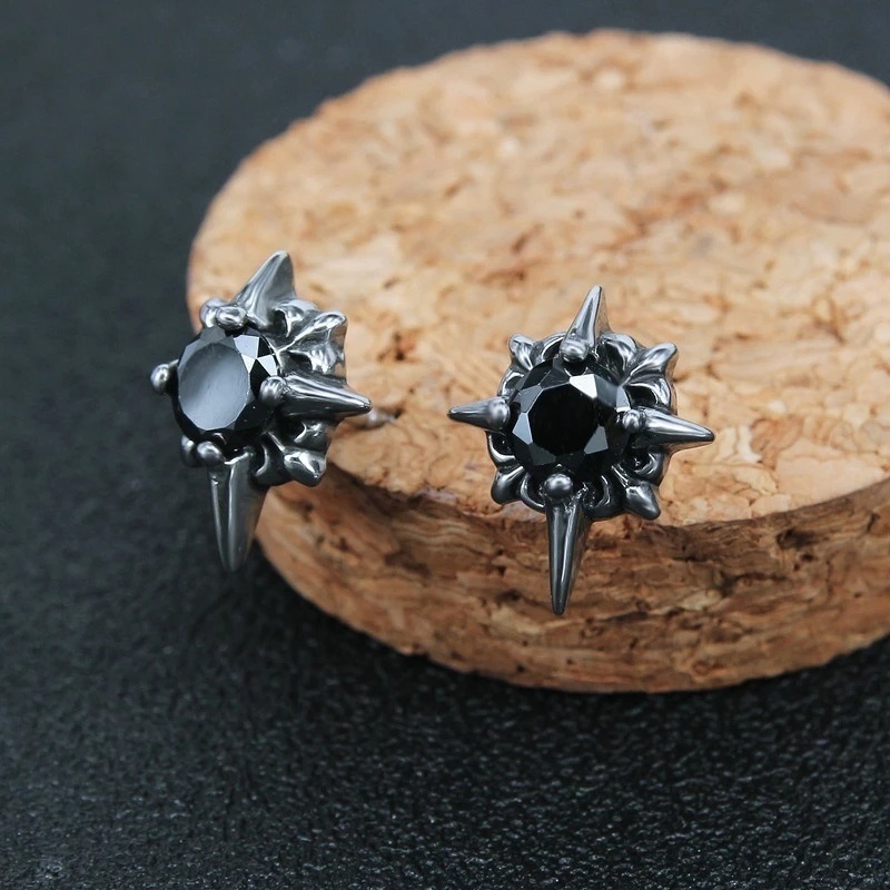 1 Đôi Bông Tai Ngôi Sao Năm Cánh Đính Đá Zircon Màu Đen / Bạc Phong Cách Punk Hip Hop Cho Nam Và Nữ