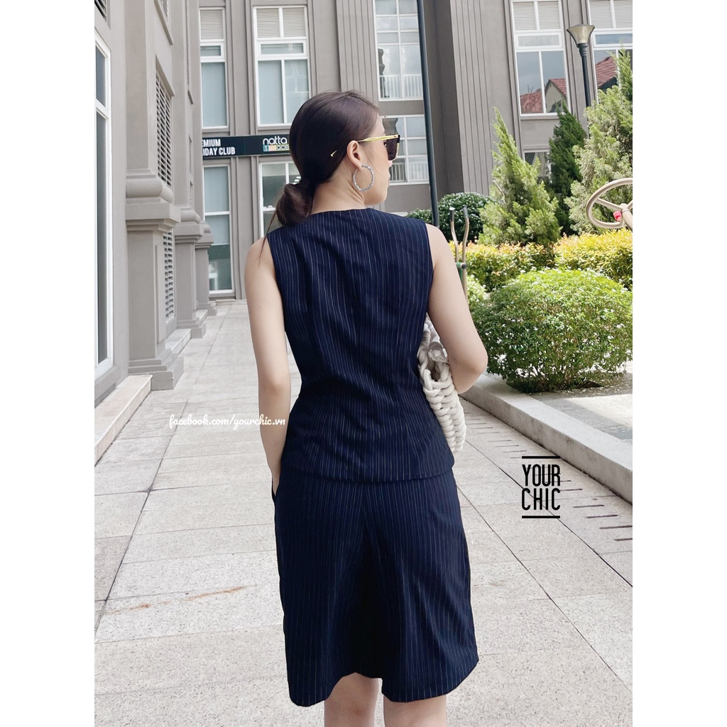 Set áo gile quần short sọc xanh có tách lẻ