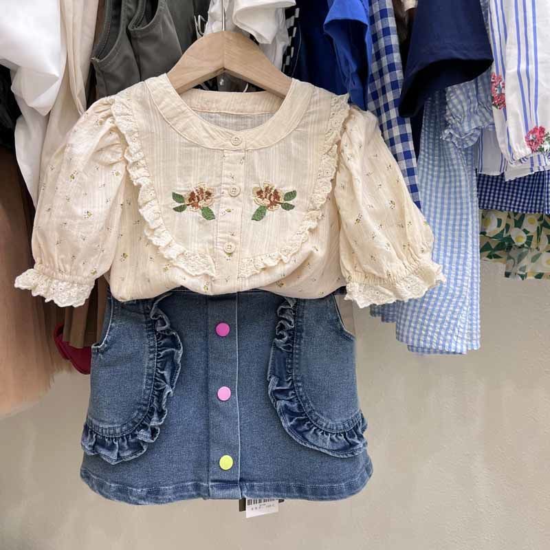 Set Áo Sơ Mi Ngắn Tay + Chân Váy Denim Họa Tiết Hoa Thời Trang Mùa Hè Cho Bé Gái