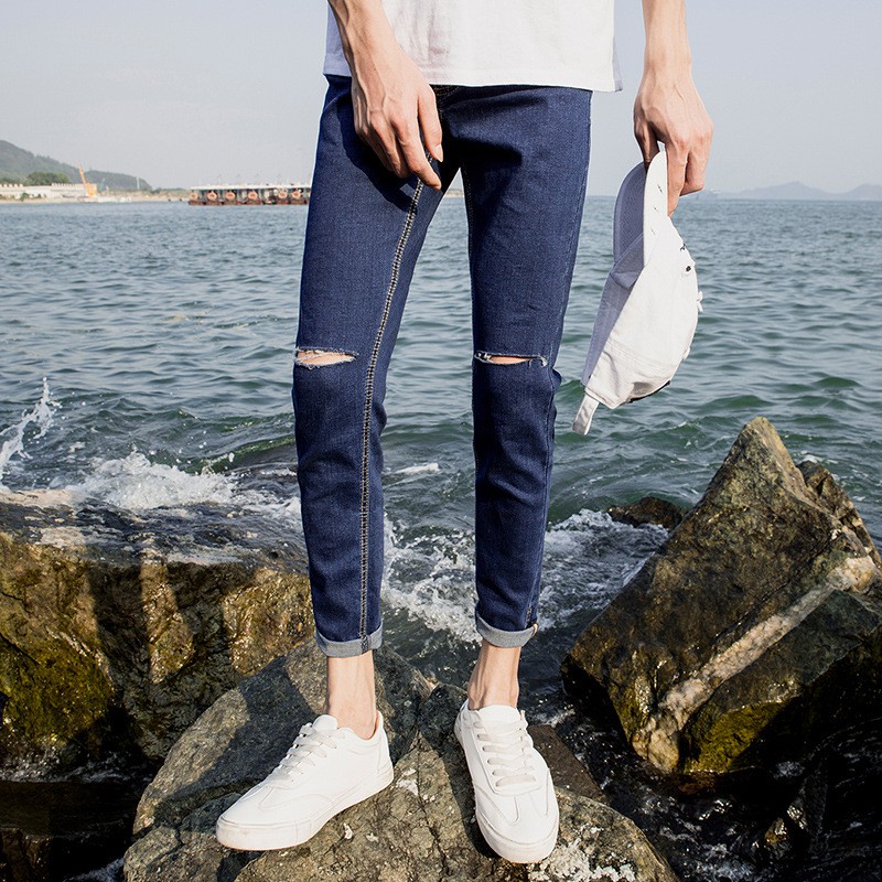 Quần jeans xanh rách gối Hàn Quốc