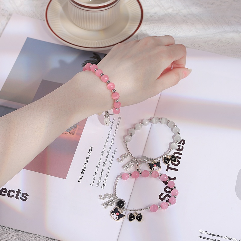 SANRIO Vòng Tay Chuỗi Hạt Mắt Mèo Màu Hồng Dễ Thương Cho Cặp Đôi