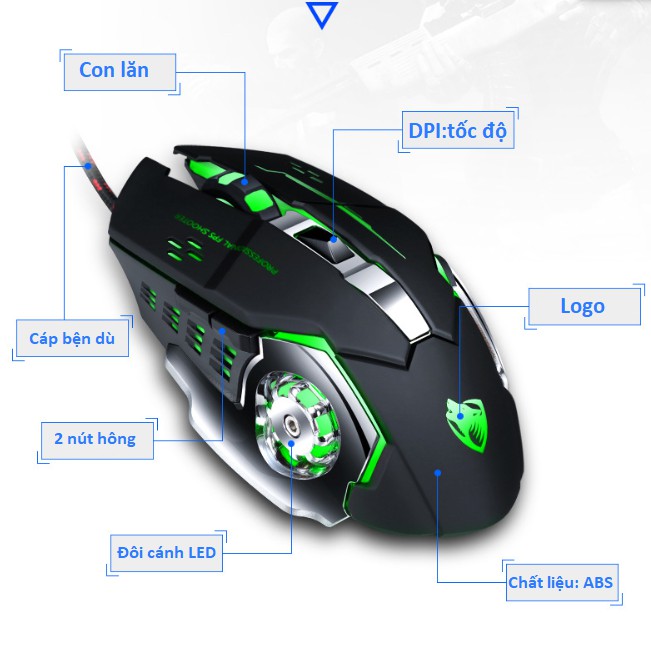 Chuột dây Free Wolf V6 siêu bền, chuyên game, 3200DPI, full LED, 6 nút bấm -  độ nhạy tùy chỉnh