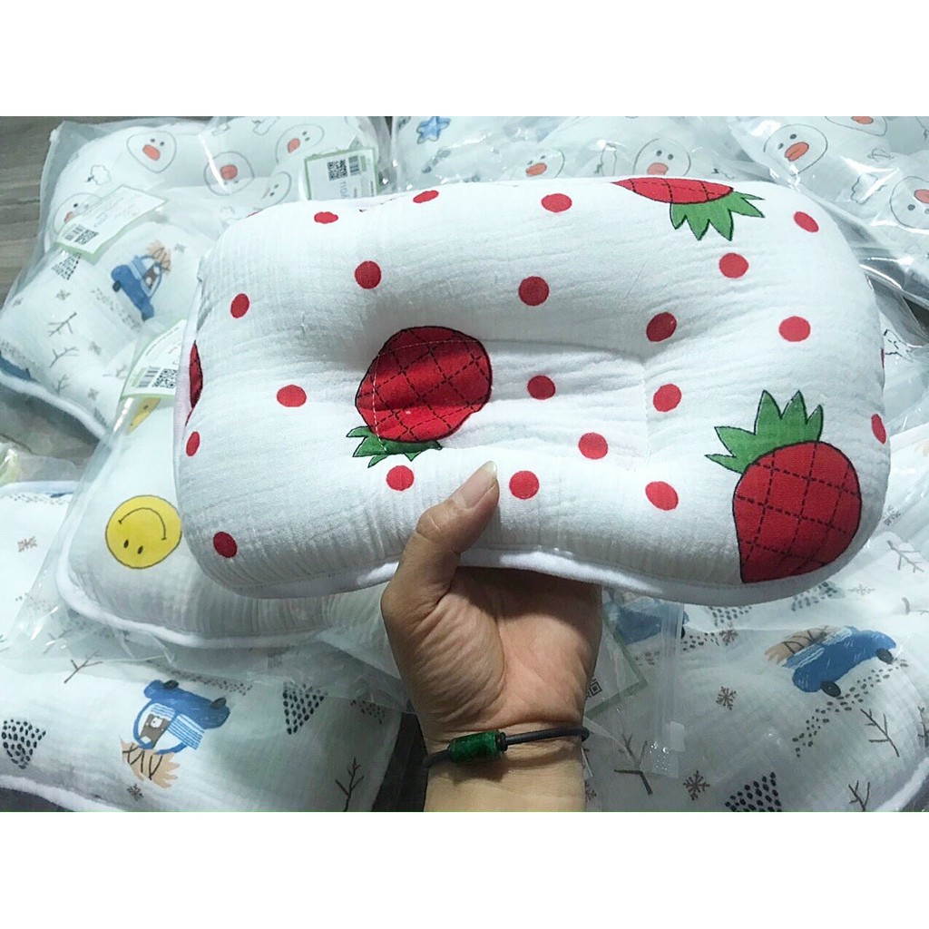 Gối xô cotton Hàn Quốc, chống bẹp đầu, thấm hút mồ hôi dành cho bé sơ sinh 0 đến 3 tháng