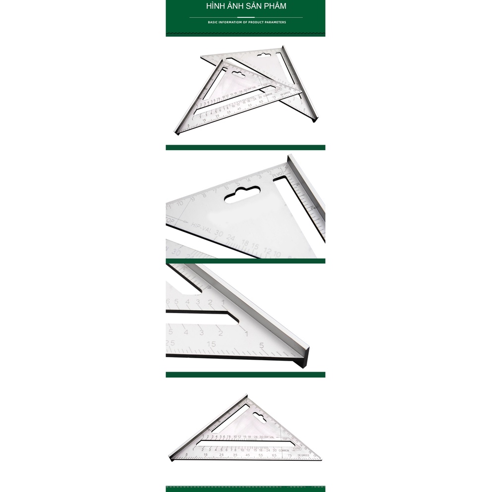 Thước tam giác, thước gỗ góc phải 7inch, 180mm, 45 độ hợp kim nhôm TUOSEN