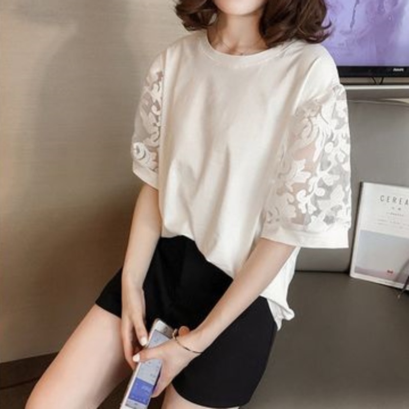 Áo Thun Tay Ngắn Phối Lưới Thời Trang Cho Nữ 164598 Áo Thun Cổ Tròn Dáng Rộng Trẻ Trung Hợp Thời Trang