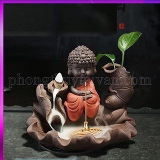 Thác khói Trầm hương Phật Tổ tọa thiền 14cm (tặng 15 nụ trầm thảo mộc kèm đế bầu cắm nhang)