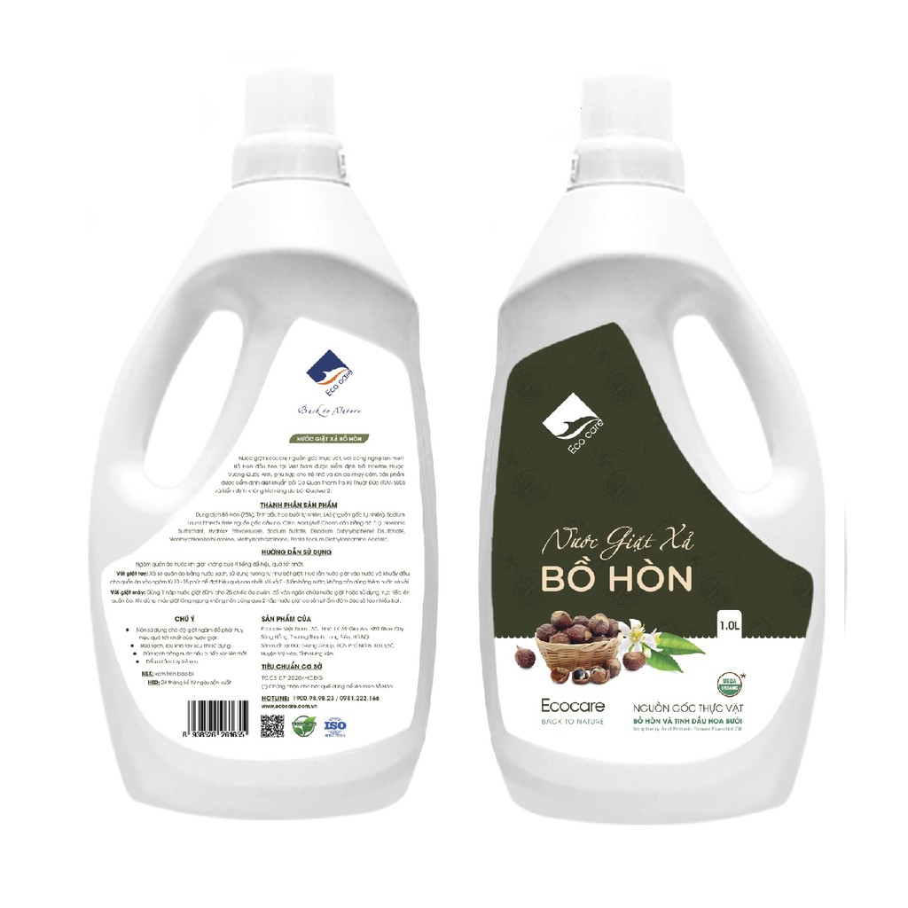 Nước giặt xả Hữu cơ Bồ hòn Ecocare 1000ml tinh dầu hoa bưởi, Nước giặt Hữu cơ tự nhiên kiêm nước xả vải