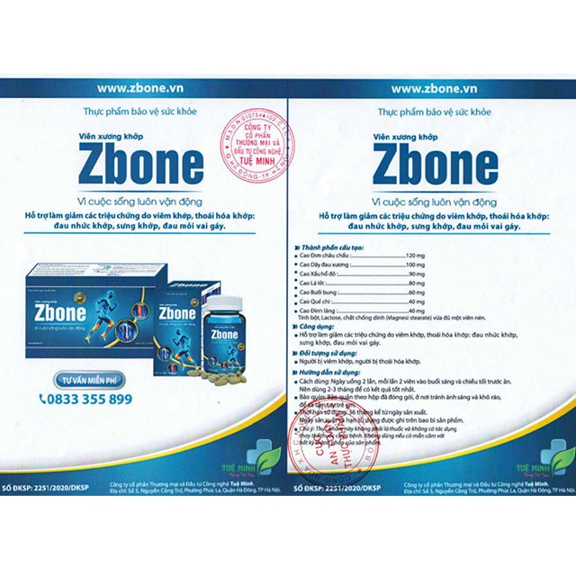 Viên Xương Khớp ZBONE - Hỗ Trợ Điều Trị Viêm Khớp, Đau Nhức Xương Khớp Hộp 60 Viên