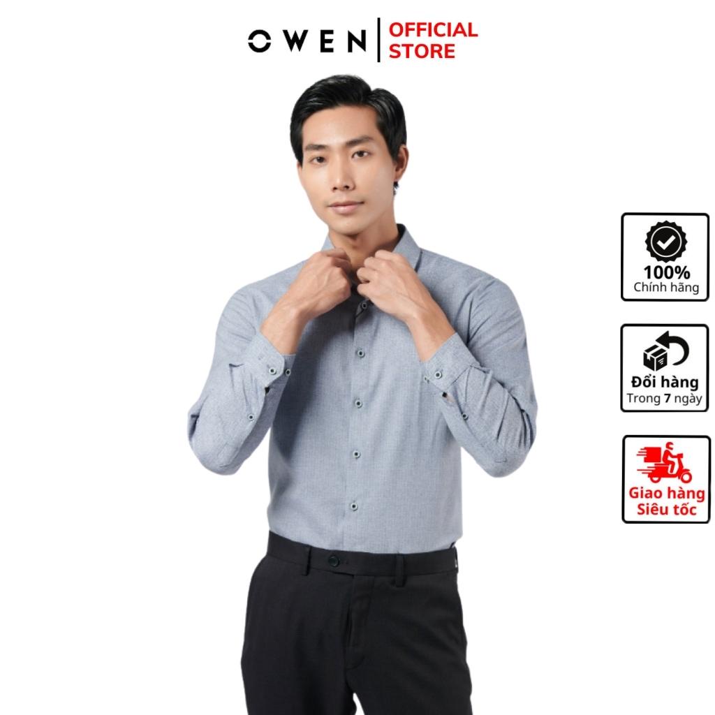 Áo sơ mi dài tay nam OWEN AS220797D công sở Chất Liệu Polyester cao cấp Màu ghi melange sọc navy Dáng Slim Fit Không Túi