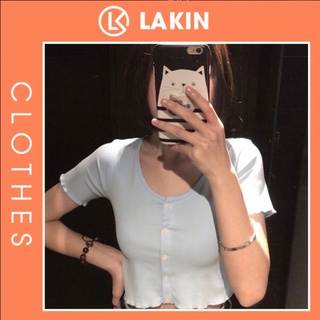 Áo croptop cúc dọc xanh baby - Croptop 5 cúc bozip màu xanh - Lakin Clothes