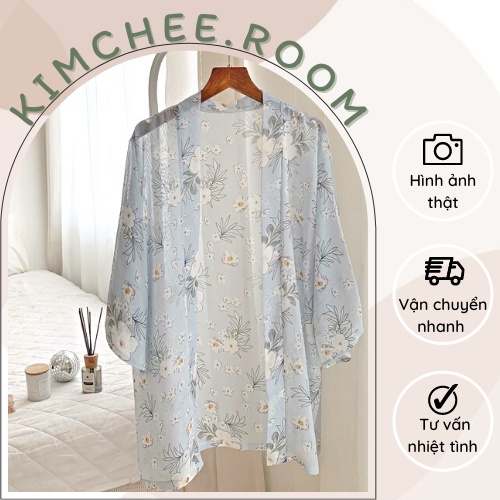 Áo khoác kimono đi biển hoa nền xanh