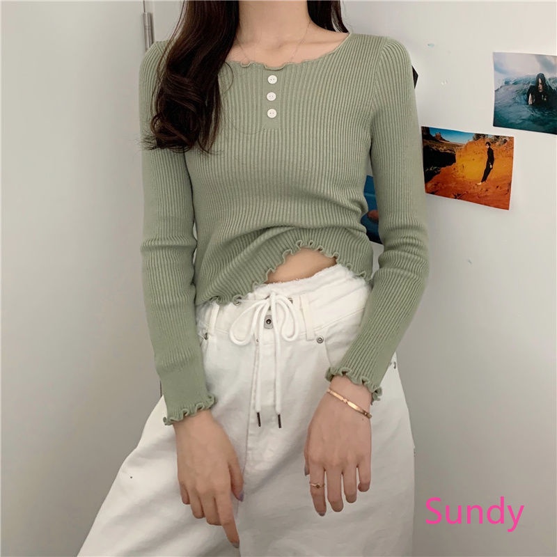 Áo sweater tay dài cổ tròn phong cách thời trang hàn quốc