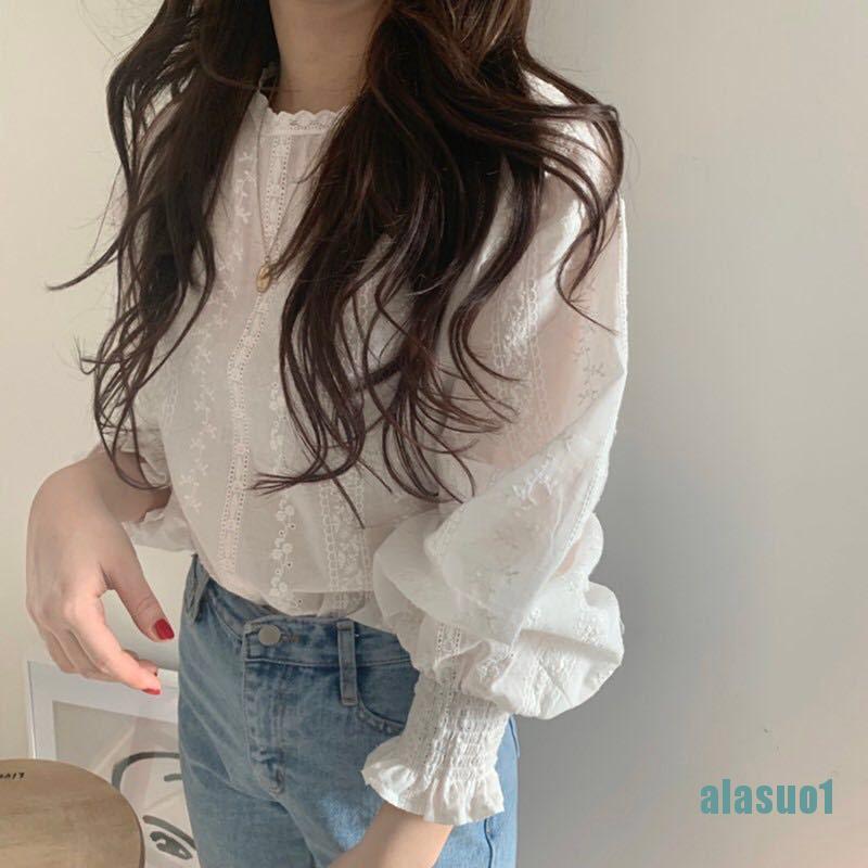 Áo Kiểu Tay Dài Phối Ren Dễ Thương Xinh Xắn Cho Nữ