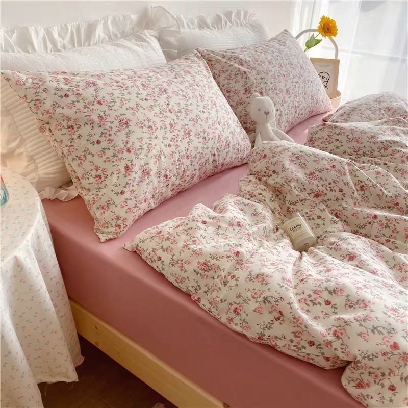 Set Chăn Ga Hoa Nhí Nền Hồng Cotton Living Dày Dặn Thoáng Mát Hàng Xuất Nhật (Shinbedding.shop)