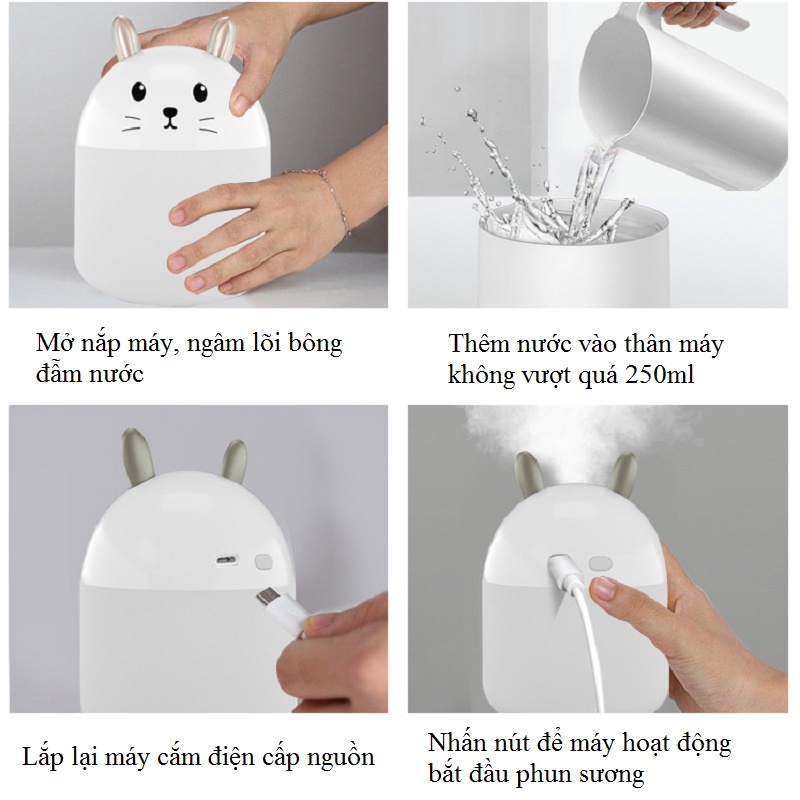 Máy phun sương mini hình con thỏ máy xông tinh dầu tạo ẩm dung tích 250ml kho hàng giá rẻ VN