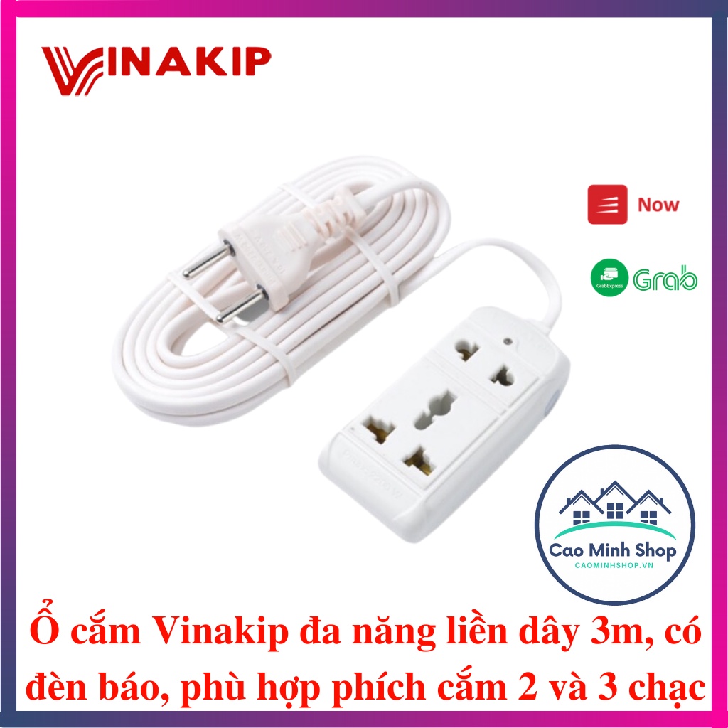 Ổ cắm điện Vinakip 2 ngả liền dây, có đèn báo, dây dài 3M đa năng, tiện dụng, nhỏ gọn - Cao Minh Shop