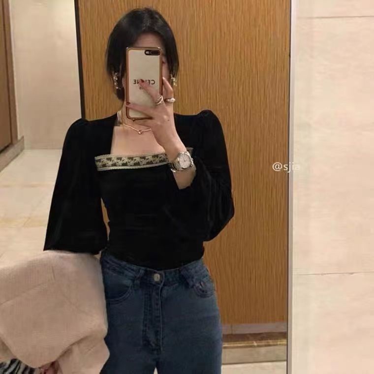 Áo Sơ Mi Tay Dài Cổ Vuông Bằng Vải Nhung Màu Đen Phong Cách Pháp Thời Trang 2022