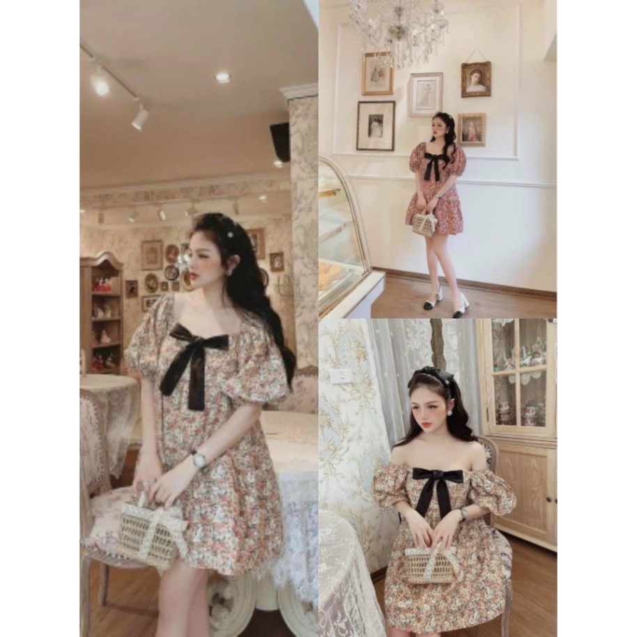 Đầm Babydoll Nữ Hoa Nhí Phối Nơ Cổ Vuông Dáng Xòe 2 Màu Q036