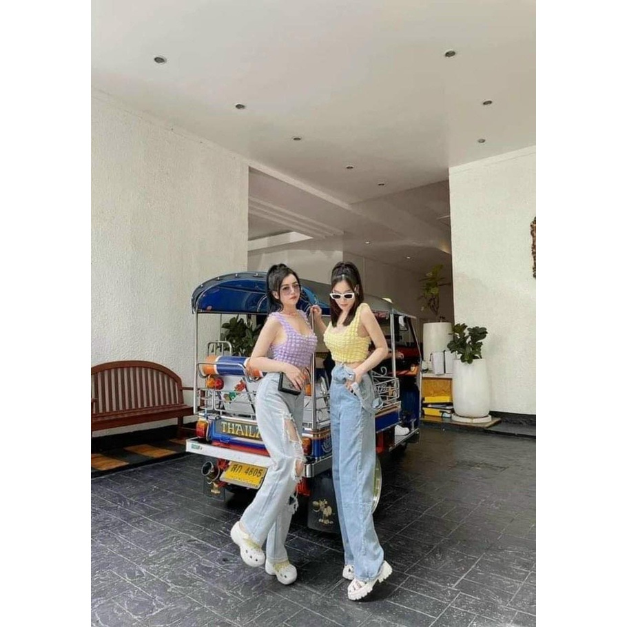 Áo Croptop Cổ Vuông Hai Dây Bản To Chất Xốp Phồng Mẫu Mới Siêu Hot