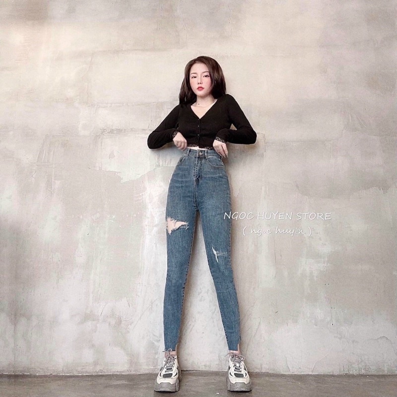 Quần Jean Nữ Bó Ống Dài, Rách Kiểu, Chất Jean Co Giãn