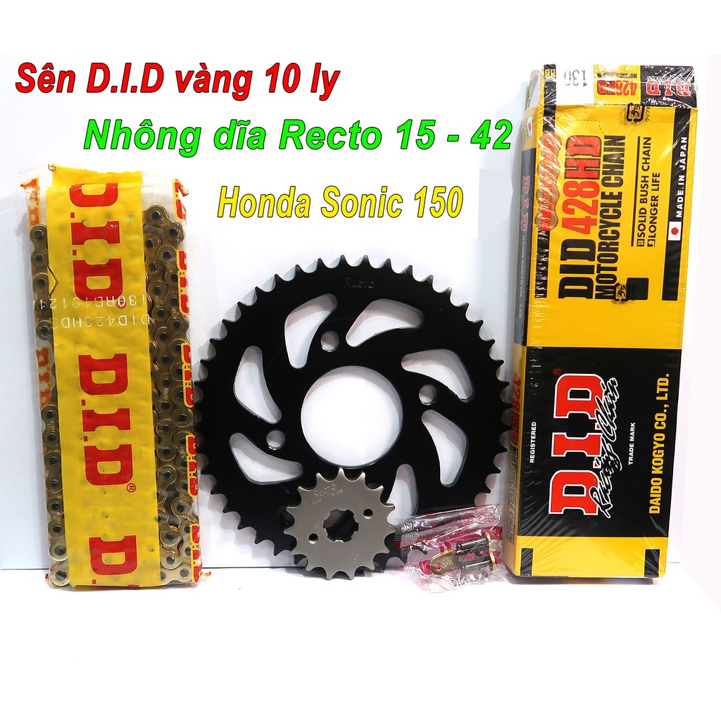 Nhông dĩa RECTO 15 - 42, Sên DID vàng 10 ly 130 mắc cho Honda Sonic 150