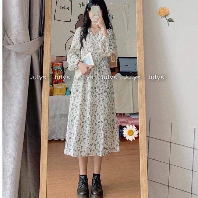 Váy hoa nhí cỏ babydoll cài cúc cổ V dáng dài ulzzang Hàn Quốc | BigBuy360 - bigbuy360.vn