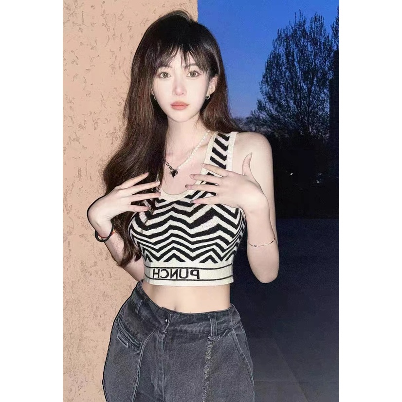 Cocory vn Áo Hai Dây Dệt Kim Cổ Chữ U Kẻ Sọc Quyến Rũ Thời Trang Mùa Hè Cho Nữ