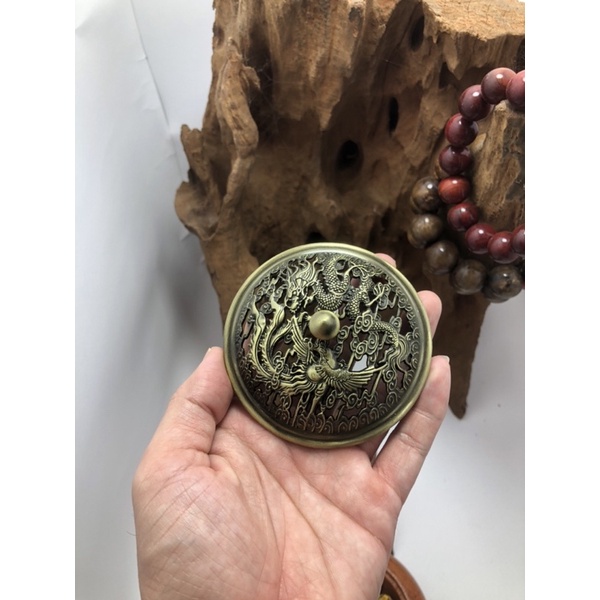 Lư xông trầm gỗ hương rộng 11,5 cm cao 7 cm - nắp rồng phượng - đế sen vàng