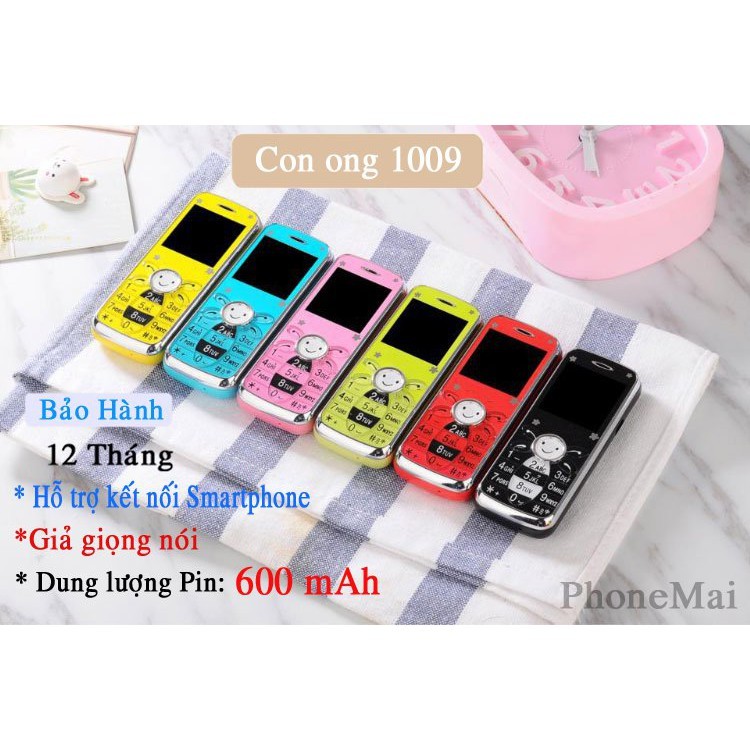 điện thoại mini con ong 1009 siêu dễ thương tặng 1 ốp lưng 1 dây đeo kute,thay đổi giọng nói ghi âm cuộc gọi