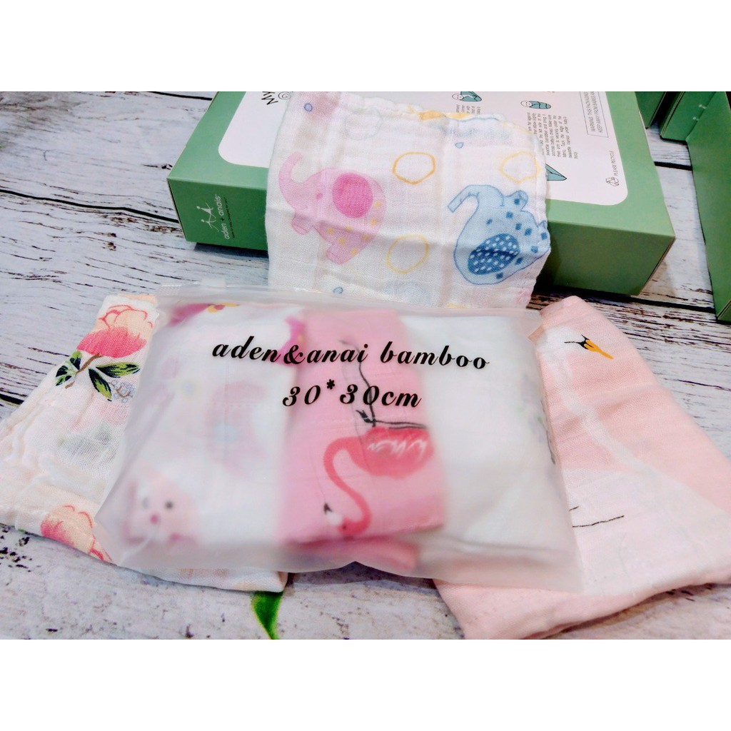 Set 3 khăn sữa Aden sợi tre KT 30*30, khăn sữa sợi tre aden cực mềm mịn cho bé đóng túi zip