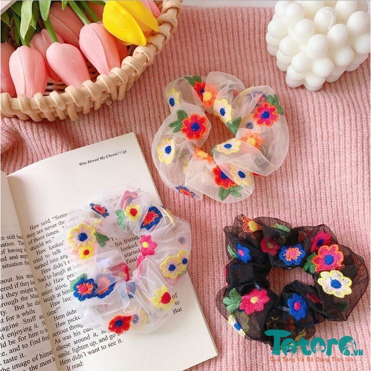 Thun buộc tóc Scrunchies trong suốt Hoa Cúc - Cầu Vồng - Hoa Sắc Màu - Hạt sắc màu Ánh kim Dâu Tây