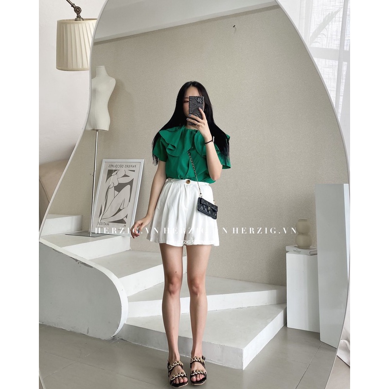 Set áo sơ mi cổ bèo rủ + quần short xếp li - F208