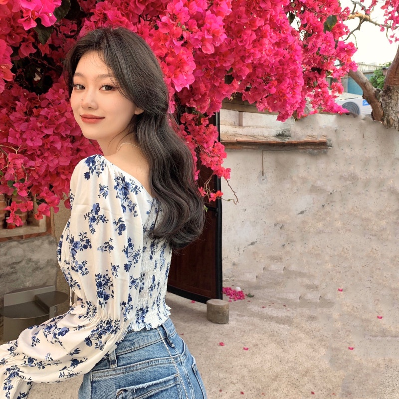 Áo Kiểu Tay Phồng Cổ Vuông In Họa Tiết Ngọt Ngào Cho Nữ