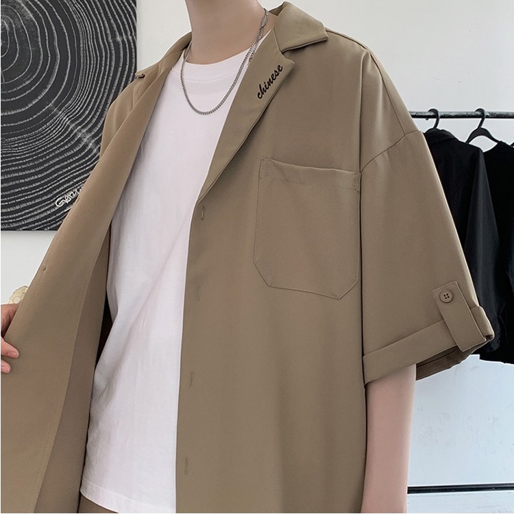 Bộ quần áo nam nữ unisex form rộng tay lỡ sơ mi quần short rộng màu đen và nâu dáng đẹp thời trang trẻ pon.mens
