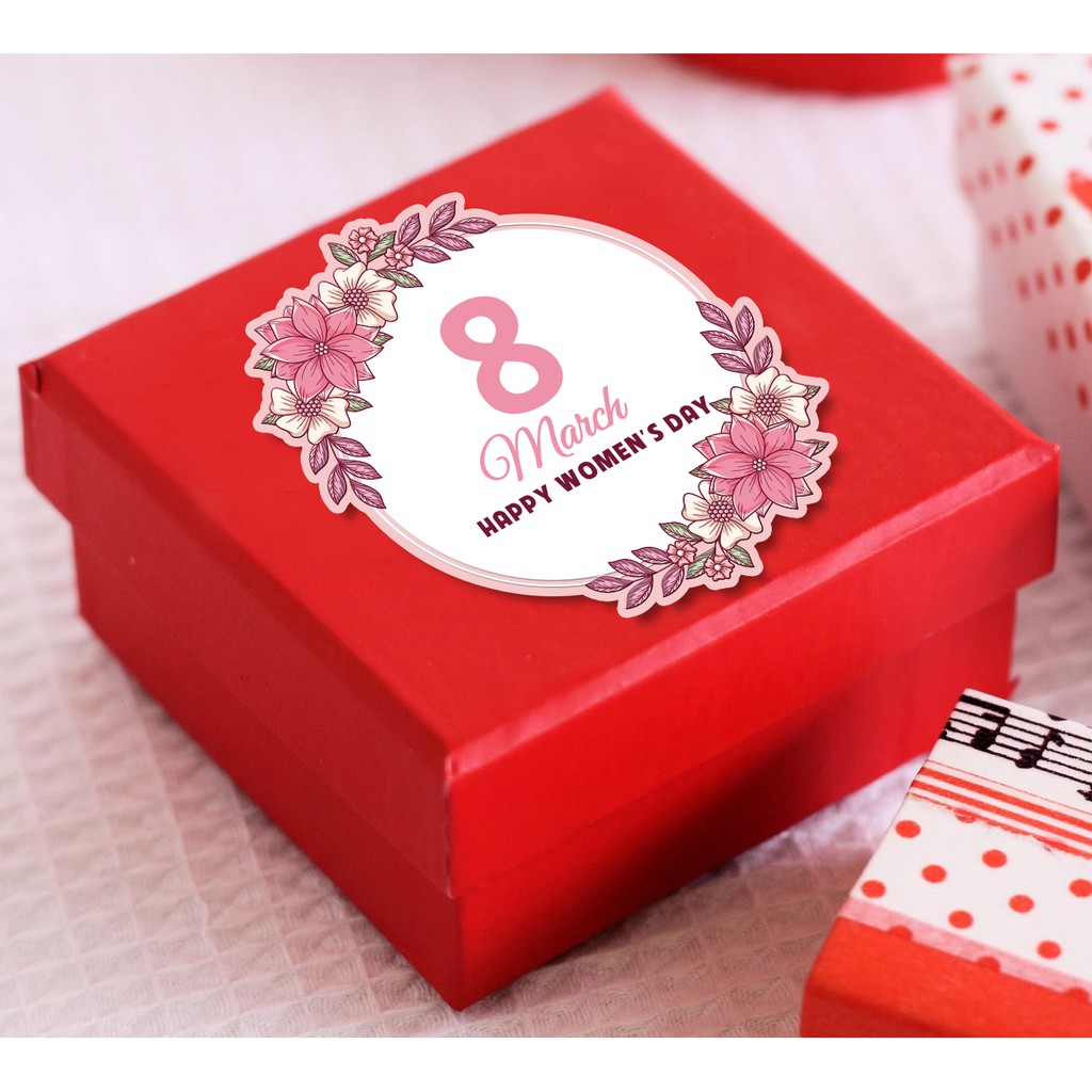 Tem decal dán quà tặng chúc mừng Ngày quốc tế phụ nữ 8 tháng 3 mẫu hoa hồng vintage nền trắng, màu sắc nét, chống nước