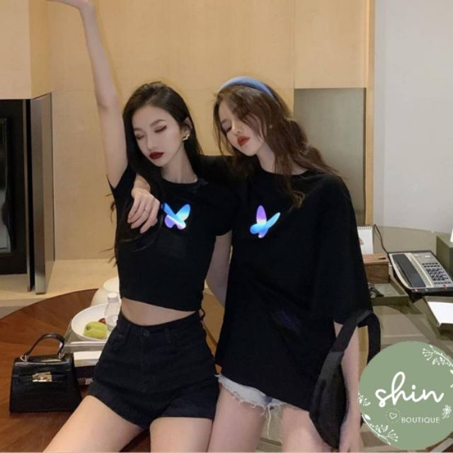 Áo croptop hoạ tiết bướm có thể phát sáng khi có đèn