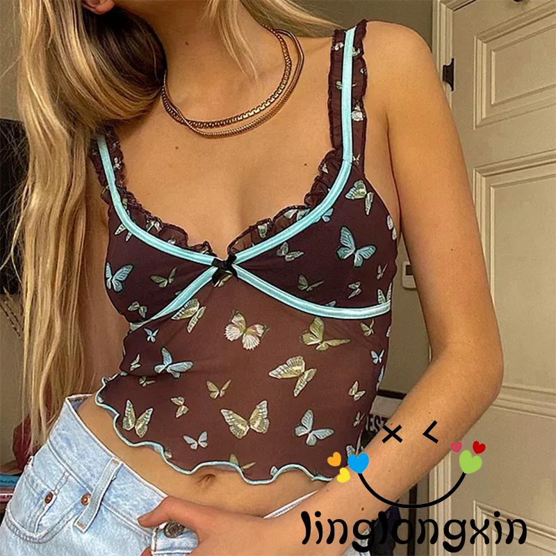 ★JQ✮y2k Butterfly Mesh Sheer Camis See Through Crop Top Women Ruffles Cute Mini Tanks