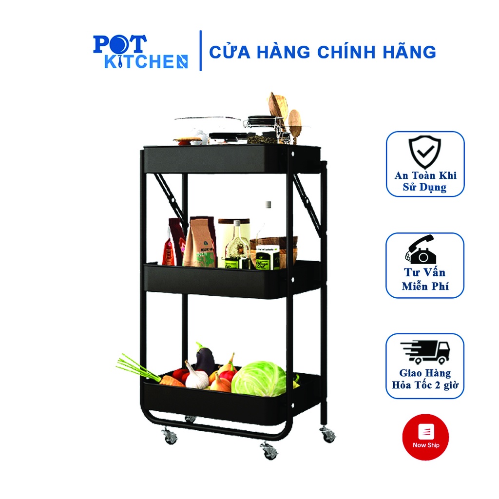 Kệ để đồ gấp gọn nhà bếp 3 tầng, xe đẩy đa năng nhà tắm phòng ăn có bánh xe di chuyển chất liệu thép không rỉ