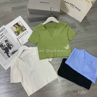 Áo croptop len trơn V cộc tay cổ bẻ