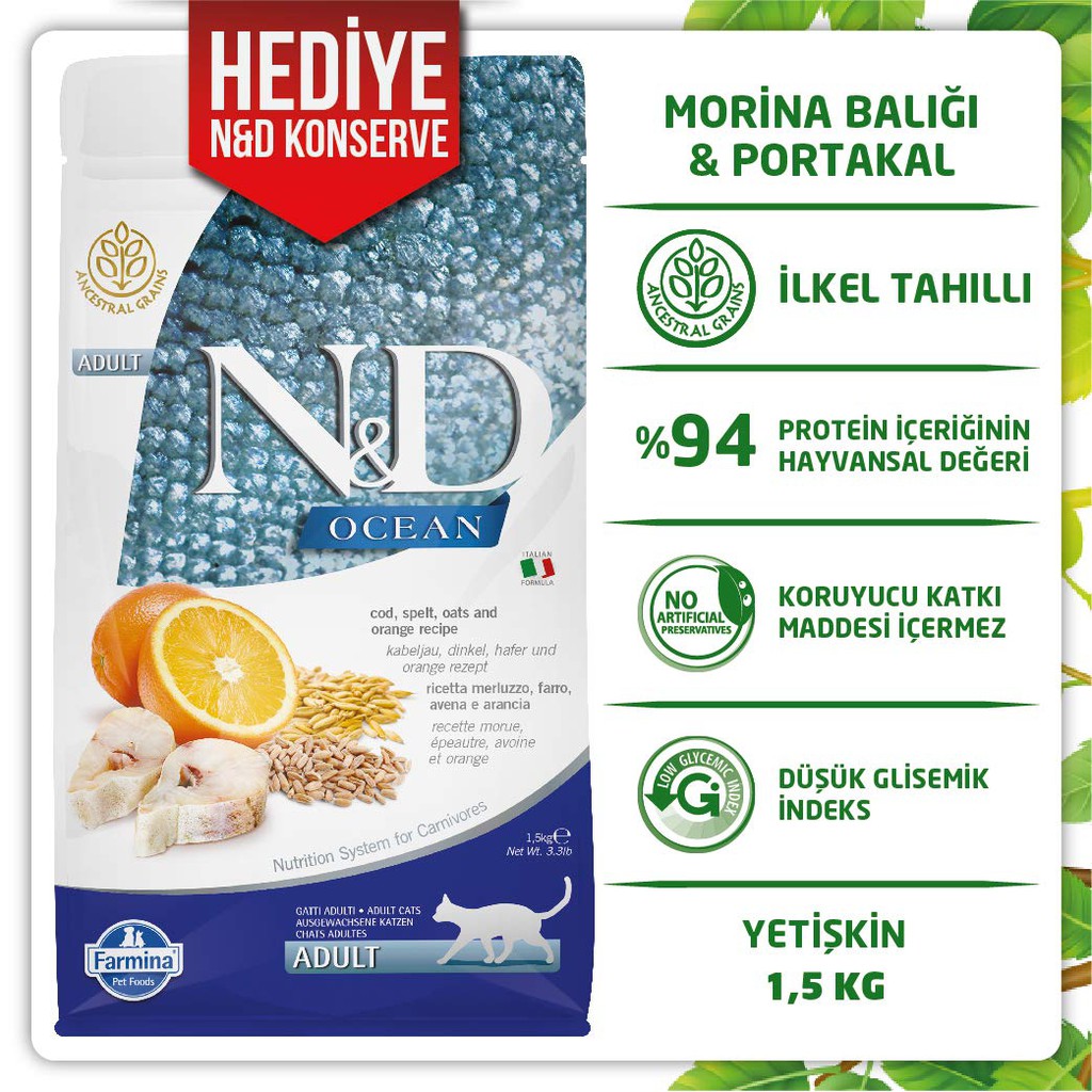 2[GIAO NHANH HN] Farmina N&amp;D Ocean Cá và cam cho mèo trưởng thành 1.5kg