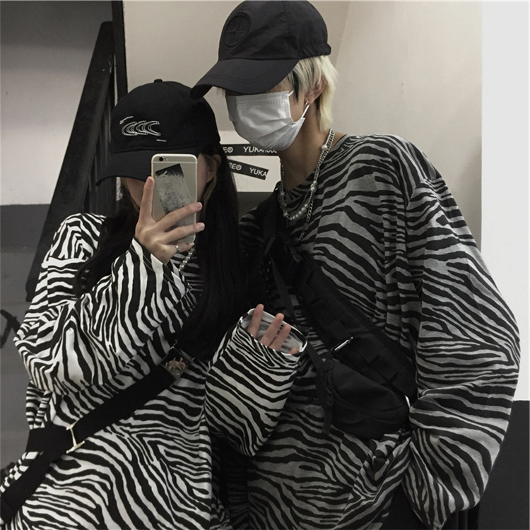 Áo Thun Tay Dài In Họa Tiết Ngựa Vằn Phong Cách Hip Hop Hàn Quốc Size M-2Xl