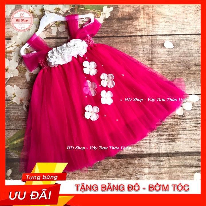 Đầm công chúa cho bé ❤️FREESHIP❤️ Đầm công chúa cho bé hồng 10 giờ đính hoa hồng trắng 3 bông