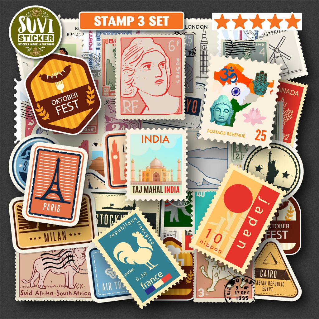 50 Sticker Vintage Stamp chống nước sticker dán laptop, điện thoại, đàn guitar, mũ bảo hiểm. MSP: V07