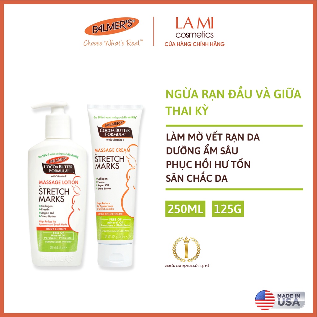 COMBO Ngăn ngừa rạn cho mẹ bầu ĐẦU và GIỮA thai kỳ Palmer's (Kem rạn 125g và Lotion rạn 250ml)