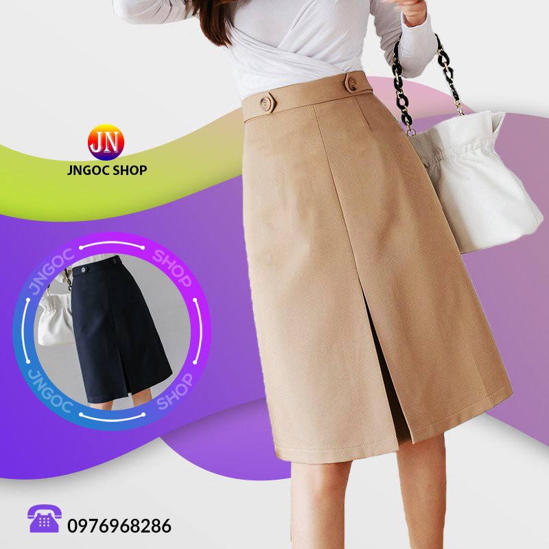 Chân váy chữ A dài xẻ trước công sở thanh lịch, Váy công sở chữ A dài midi Hàn Quốc
