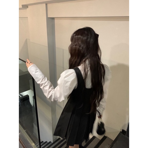 TKLIHN Set váy tiểu thư ULZZANG Áo sơmi tay phồng tiểu thư + váy yếm đen xoè Fashionita 2022