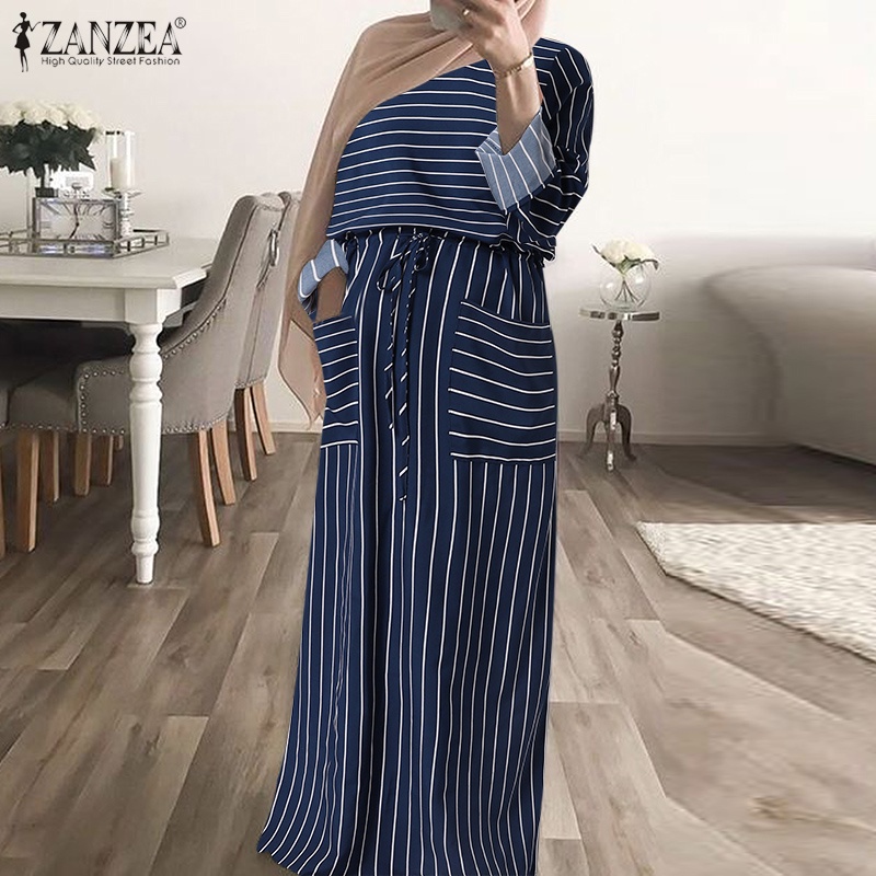 Zanzea Đầm Dài Họa Tiết Kẻ Sọc Có Túi Và Dây Rút Phong Cách Hồi Giáo Thời Trang Cho Nữ