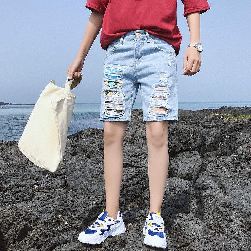 Quần Short Denim Rách Năm Tấc Dễ Phối Đồ Thời Trang Mùa Hè Phong Cách Mỏng
