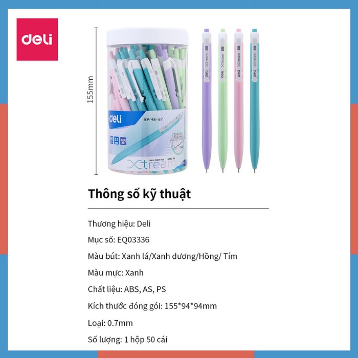 Bút bi bấm văn phòng mực xanh ngòi 0.7mm Deli giá rẻ viết nét đều trơn tru phù hợp cho học sinh 3336