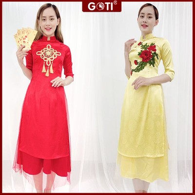 SĂLE LẺ SIZE - Áo Dài Cách Tân Gấm Mặc Tết Kiểu Áo Dài Đính Hoa Đỏ Phối Phụ Kiện Tua Rua GOTI 3152